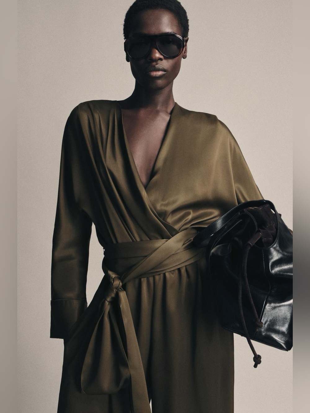 NWT. Zara ZW Collection Dark Khali Satin Effect Long Bloomer Jumpsuit. Size L. - Picture 2 of 15